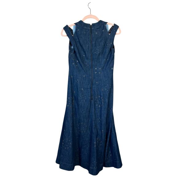 BY ANTHROPOLOGIE Grommet Denim Midi Dress Western Rodeo Flare Studded Size 4P - Picture 5 of 12